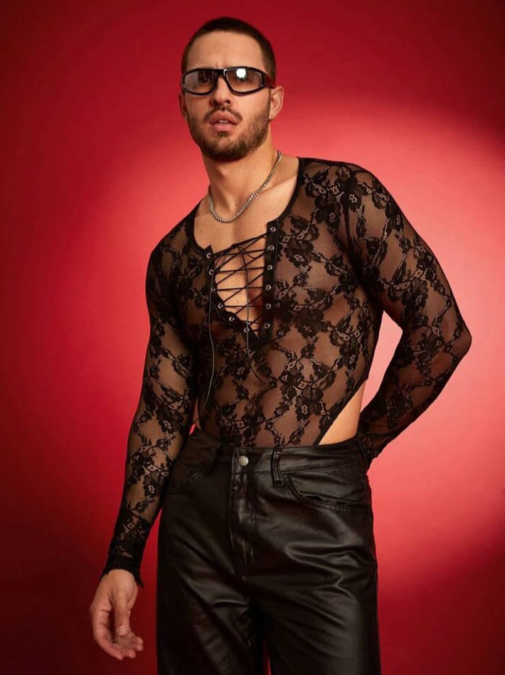 BONGA BOYS Men's Lace Crossed Strap See-Though Long Sleeve Bodysuit